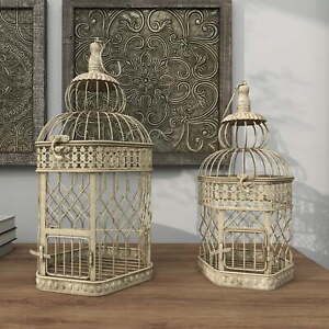 Set of 2 Cream Vintage Metal Birdcage with Bars Floral Embossed Design, 21