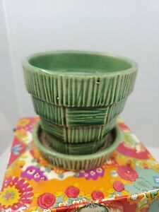 Vintage McCoy USA Green Ceramic Basket Weave Planter with Attached Under Plate