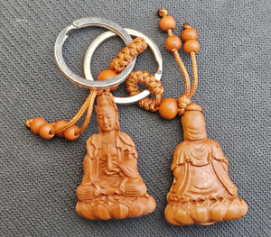 1pcs Amulet Kwan Guan Yin Wood Carving Chinese Pendant Key Chain Key Ring
