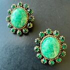 Vintage Green Peking Glass Cabochon Emerald Rhinestone Gold Tn Clip Earring A191