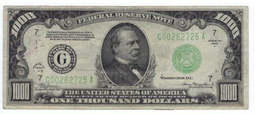 1934A One Thousand Dollar Bill US Currency Federal Reserve Chicago $1000