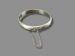 Vtg Sterling Silver 925 Etched Hinged Bangle Bracelet Safety Chain Mexico
