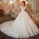 Exquisite A-line Wedding Dresses V-neck Lace White Tulle Long Sleeve Bride Gowns