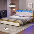 King Size Bed Frame with Charging Station &LED Lights, Modern Platform Bed Frame
