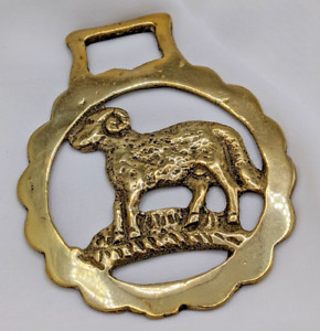 Brass Horse Medallion Vintage English Sheep Ram Bighorn  Zodiac Parade Harness