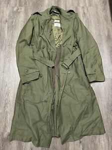 Vintage Army Green Trench Jacket Coat Wool Liner Belted Double Breast Small Long