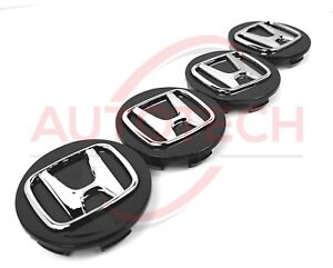 Set of 4 Honda Black Wheel Rim Center Caps Chrome Logo 69MM/2.75 (For: Honda)