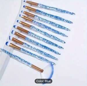 Glitter Crystal Makeup Brush Set 10 Piece Bling Professional BLUE- NEW