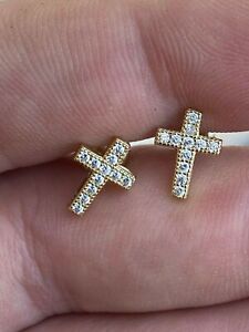 Real 925 Sterling Silver 14k Gold Plated Men Ladies Cross Earrings Studs Iced CZ
