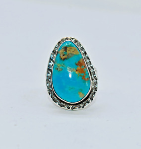 Navajo Turquoise Hand Stamped Sterling Silver Ring signed T.S. Size 9