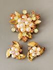Vintage Unsigned Flower Brooch & Earring Set, Yellow Givre, Topaz & Faux Pearl!