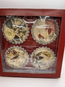 Pottery Barn Winter Birds Song Decoupage Christmas Ornaments Set Of 4 in Box