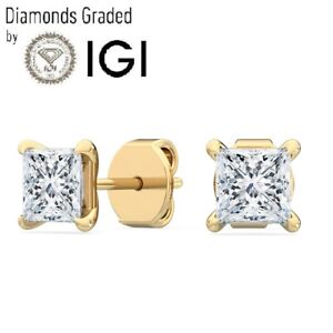 IGI,D/VS1,2CT Solitaire Lab-Grown Princess Diamond Studs Earring,18K Yellow Gold