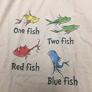 Vintage Dr. Seuss Men's T-Shirt 2001 One Two Red Blue Fish Size XL Brown Beige