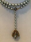Sign Miriam Haskell Huge Pearl Baroque Blue Rhinestone Leaves Necklace Jewelry