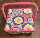 Vtg Fabric Covered Sewing Box Basket Square Blue w/Pink Floral Padded