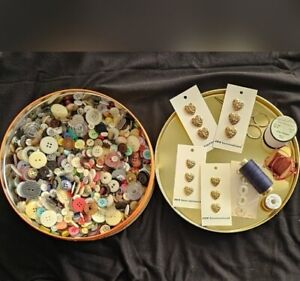 Lot of Vintage Buttons 1.5 lbs & Sewing Accessories in Tin