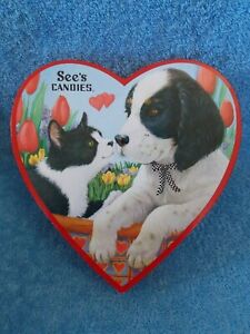See's Candies Valentines Heart Empty Box With Cat & Dog Pictured