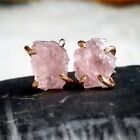 Raw Rough Rose Quartz Gems Claw Post Stud Earrings Minimalist Women Jewelry Gift