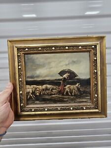 Antique European Oil Painting Landscape Sheep Livestock Pastoral Canvas Framed