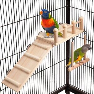 Bird Perches Platform Swing With Climbing Ladder Parakeet Cage Accessories Woode