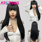 Black Long Straight Wig with Bangs for Black Women Synthetic Hair Heat Safe Silk