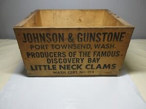Vintage Johnson & Gunstone Little Neck Clams Wood Crate Box Oyster Port Townsend