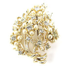 Vintage vine flower Gold embedded Rhinestone and pearl brooch 2.25