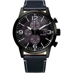 Citizen Men's Eco-Drive Black Chronograph Calendar Leather Watch 43MM CA0745-29E