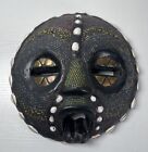 Hand Carved Ghana Large African Tribal Solid Heavy Wood Brass Beaded Mask 9”