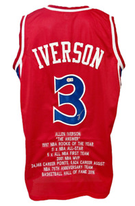Philadelphia 76ers Allen Iverson Autographed Pro Style Red Stat Jersey BAS Au...