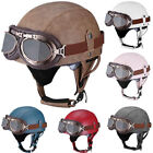 Vintage Leather Motorcycle Retro Half Helmet Scooter Bike Cruiser with Goggles