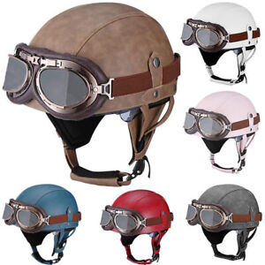 Vintage Leather Motorcycle Retro Half Helmet Scooter Bike Cruiser with Goggles