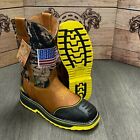 MEN'S STEEL TOE WORK BOOTS AMERICAN FLAG STYLE SOFT LEATHER INSIDE SHAFT SAFETY
