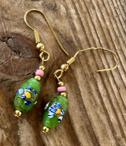 Vintage Antique Venetian Bead Earrings Drop Gold Green Floral AS IS 1/2