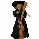 Vintage Paper Mache Witch with Broom Cardboard Body Standing Halloween Decor