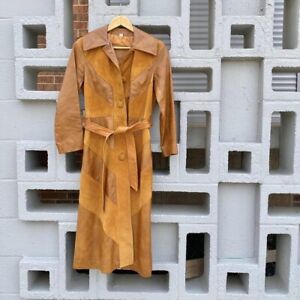 Vintage 70s Brown Leather Trench Coat Women's 8 Lined Button Front Chevron