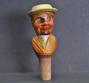 Vintage ANRI Dual Action Eye & Tongue Move Carved Wood Mechanical Bottle Stopper