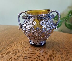 New ListingVintage Amber Art Glass Bud Vase Metal Filigree Overlay