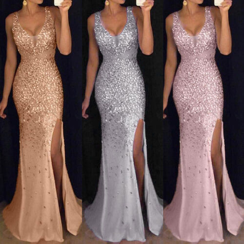 Sexy Women Gown Ball For Evening Party Bridesmaid Sequin Prom V Neck Dress