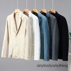 Business Men Suit Jacket Coat Cotton Linen Blazer Cardigan Two Button Casual Top