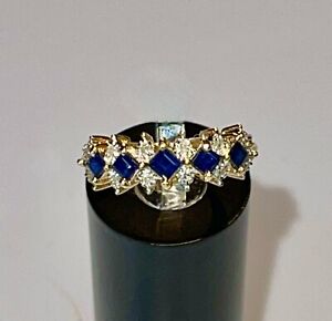 Vintage Solid 14K Yellow Gold Natural Blue Sapphire & Diamond Ring  Size 6.5