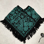 Vintage Green Fringe Knit Pullover Shawl Poncho One Size