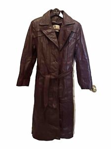 Vintage 70s Sherpa Lined Leather Jacket Size Med Maroon / Red Trench Coat Belted