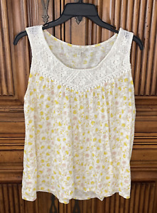 Lucky Brand Womens Top Large Yellow Ditsy Floral Pastel Boho Babydoll No Sleeve