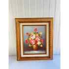 Vintage Artist Signed Floral Oil Painting Framed Pink Bouquet Flowers S. Banton