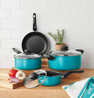 Teal 7 Piece Cookware Set Non-stick Pot Pan Set with Lids Kitchen Cooking Daily