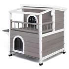 2-Story Outdoor Weatherproof Wooden Cat House Condo Shelter With Balcony Gray