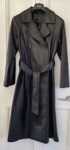 Marks And Spencer Faux Leather Double Breasted Belted Trench Coat Sz 16-18 Black
