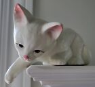 White Cat Porcelain Ceramic Shelf Sitter Figurine Hanging Paw Pink Vintage Retro